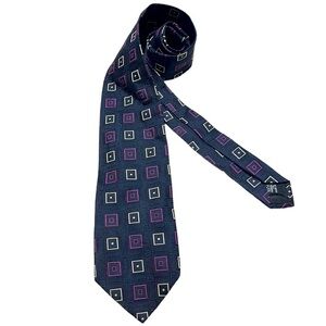 Hugo Boss Tie Navy With Multi Color Squares 100% Silk OS